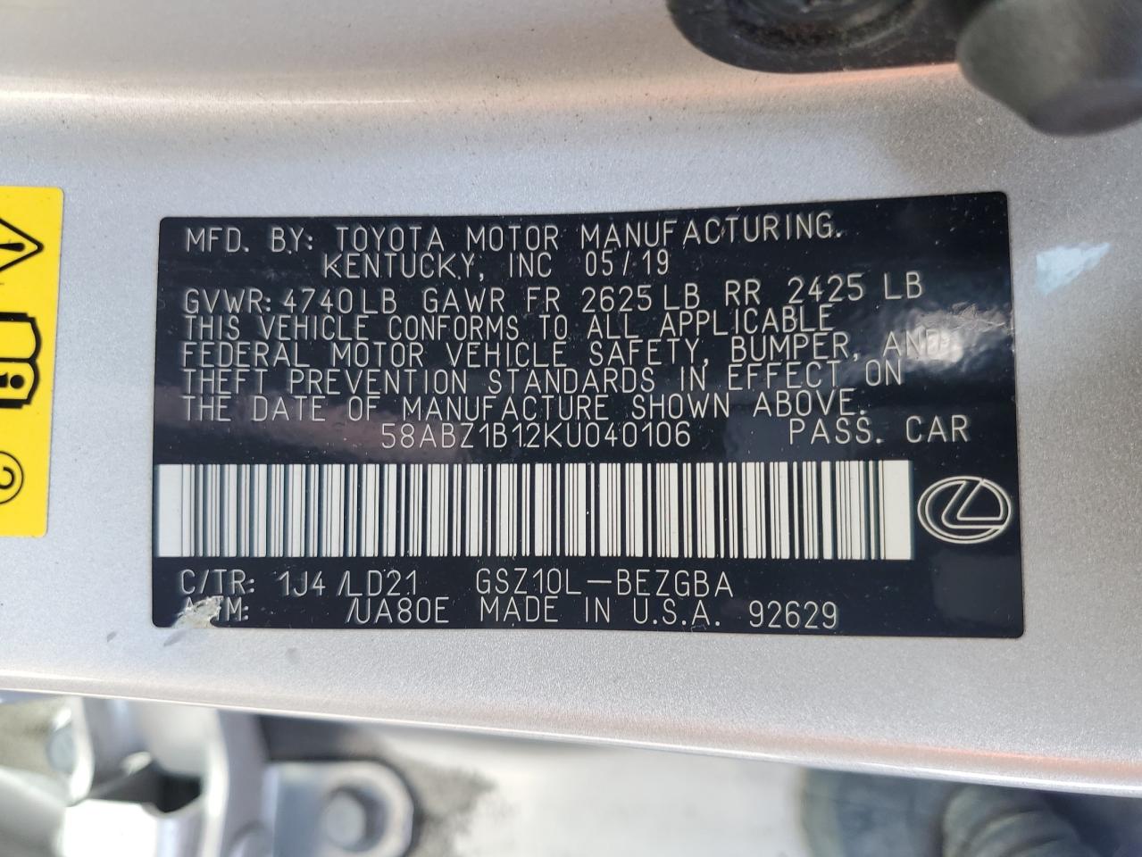 58ABZ1B12KU040106 2019 Lexus Es 350