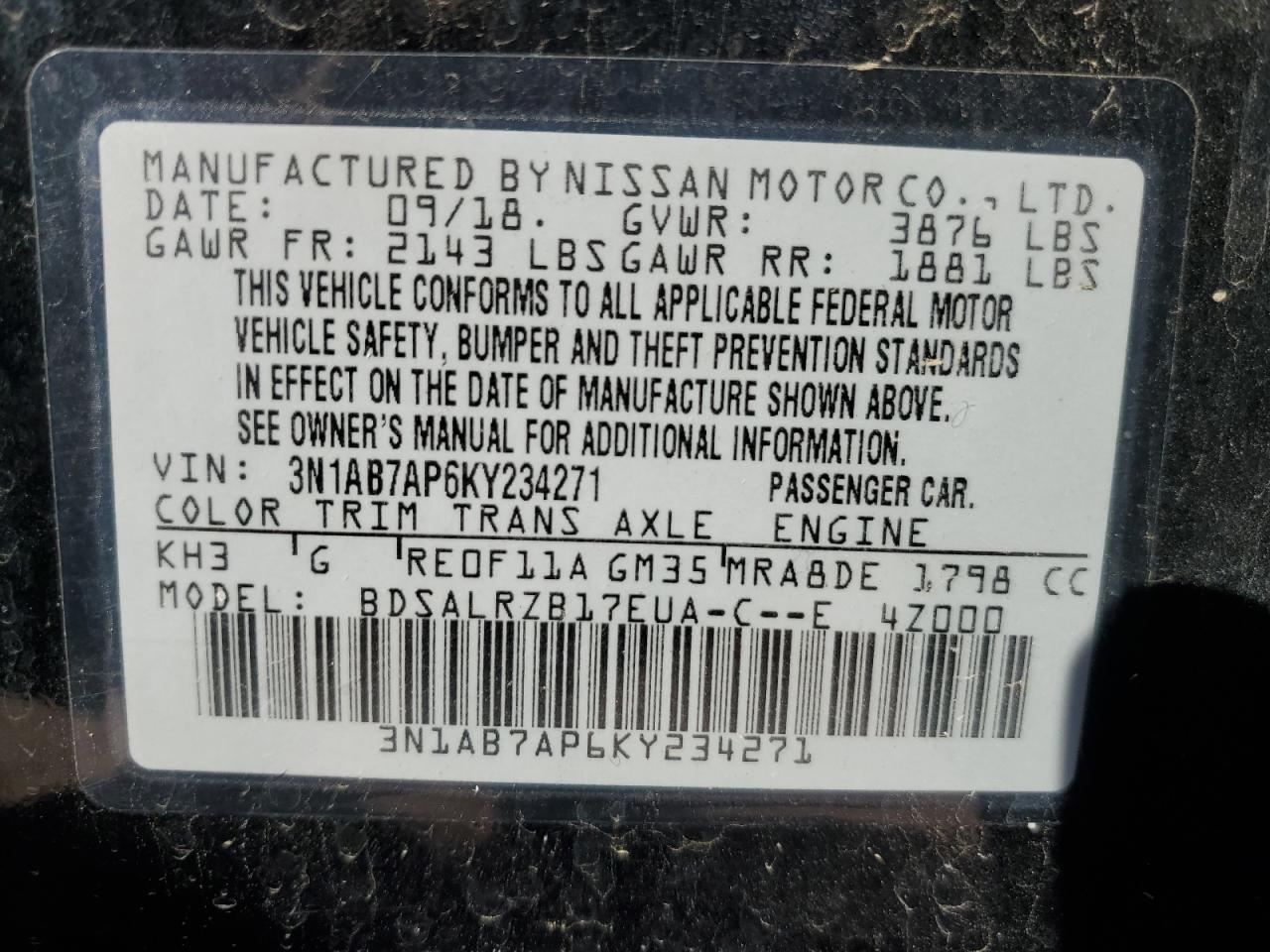 VIN 3N1AB7AP6KY234271 2019 NISSAN SENTRA no.12