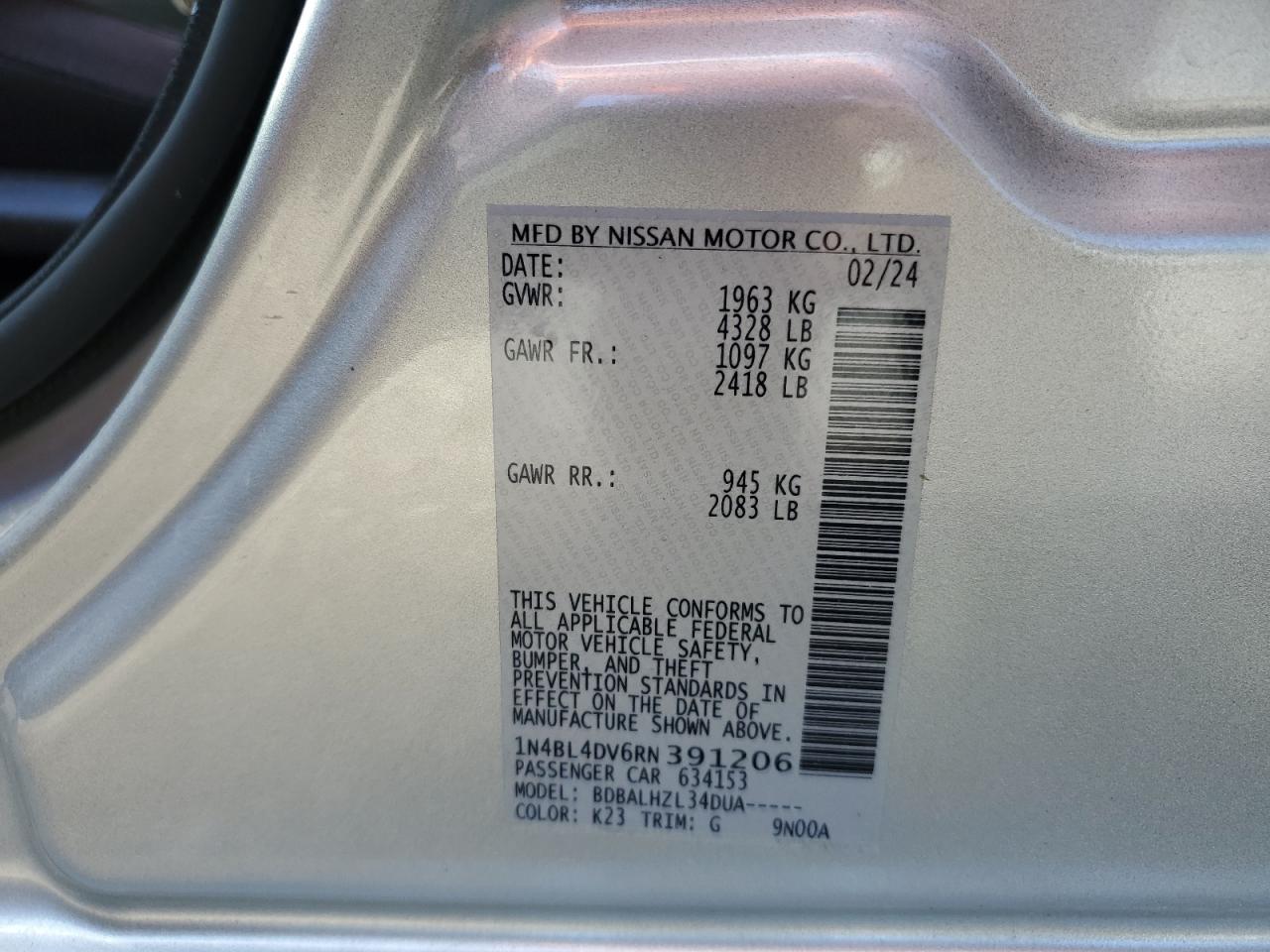 2024 Nissan Altima Sv VIN: 1N4BL4DV6RN391206 Lot: 70124224