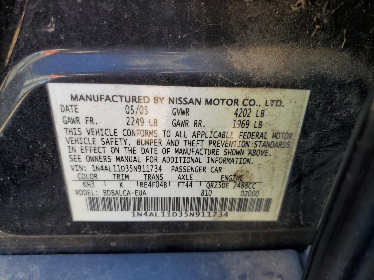 1N4AL11D35N911734 2005 Nissan Altima S