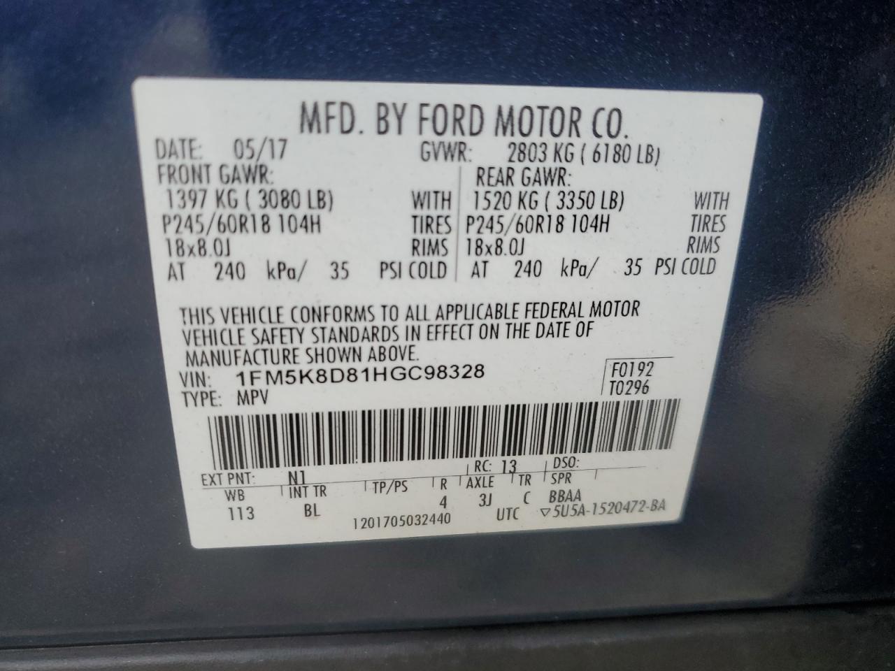 1FM5K8D81HGC98328 2017 Ford Explorer Xlt