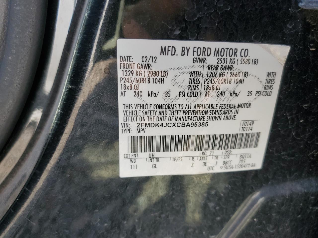 2012 Ford Edge Sel VIN: 2FMDK4JCXCBA95385 Lot: 70238374