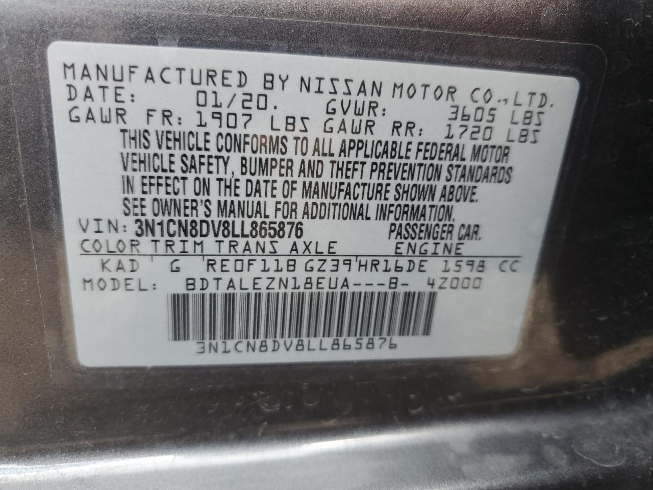 3N1CN8DV8LL865876 2020 Nissan Versa S