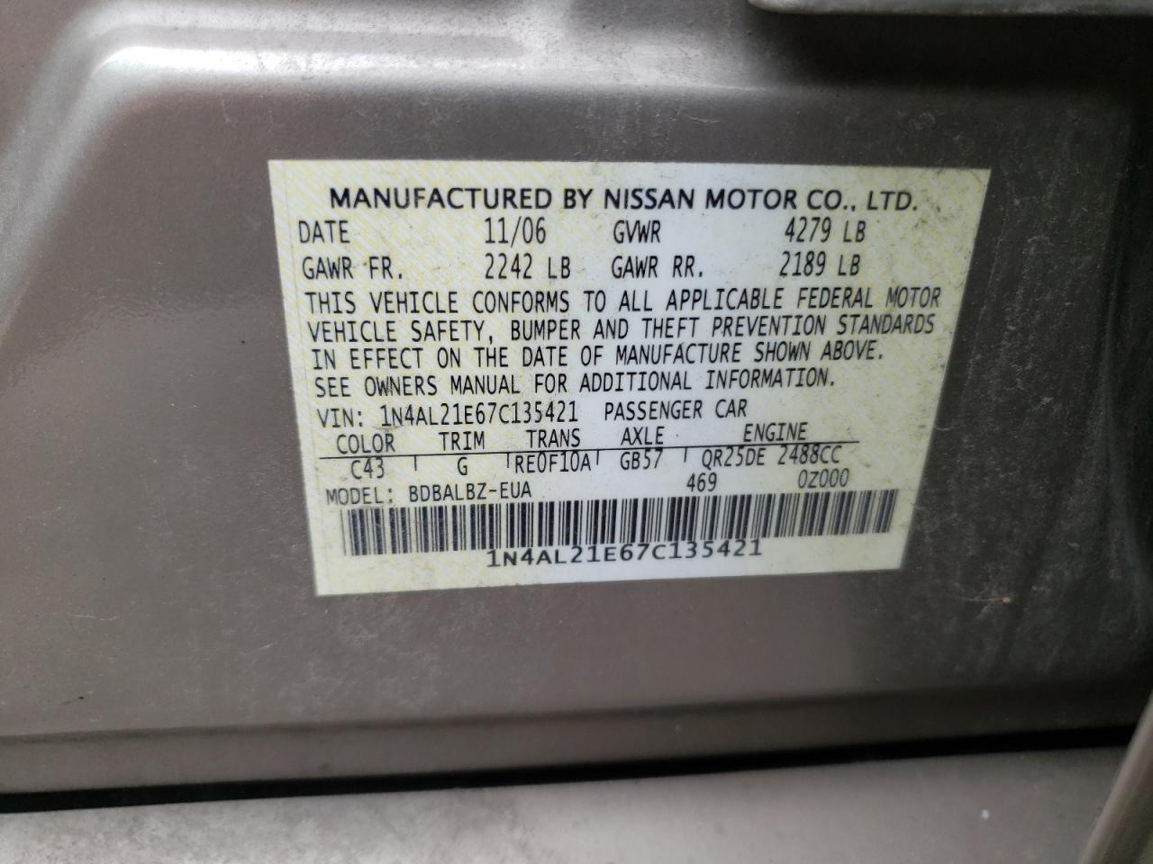 1N4AL21E67C135421 2007 Nissan Altima 2.5