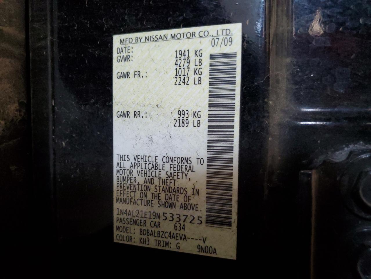 2009 Nissan Altima 2.5 VIN: 1N4AL21E19N533725 Lot: 94001345