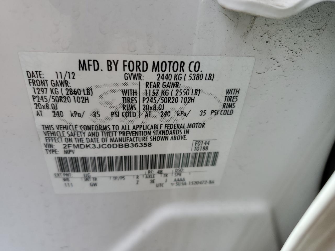 2013 Ford Edge Sel VIN: 2FMDK3JC0DBB36358 Lot: 71468444