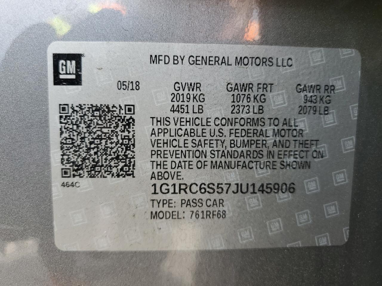 1G1RC6S57JU145906 2018 Chevrolet Volt Lt