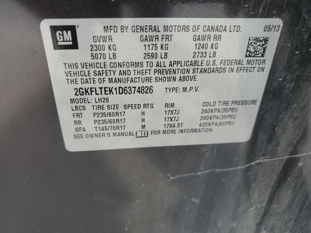 2GKFLTEK1D6374826 2013 GMC Terrain Sle