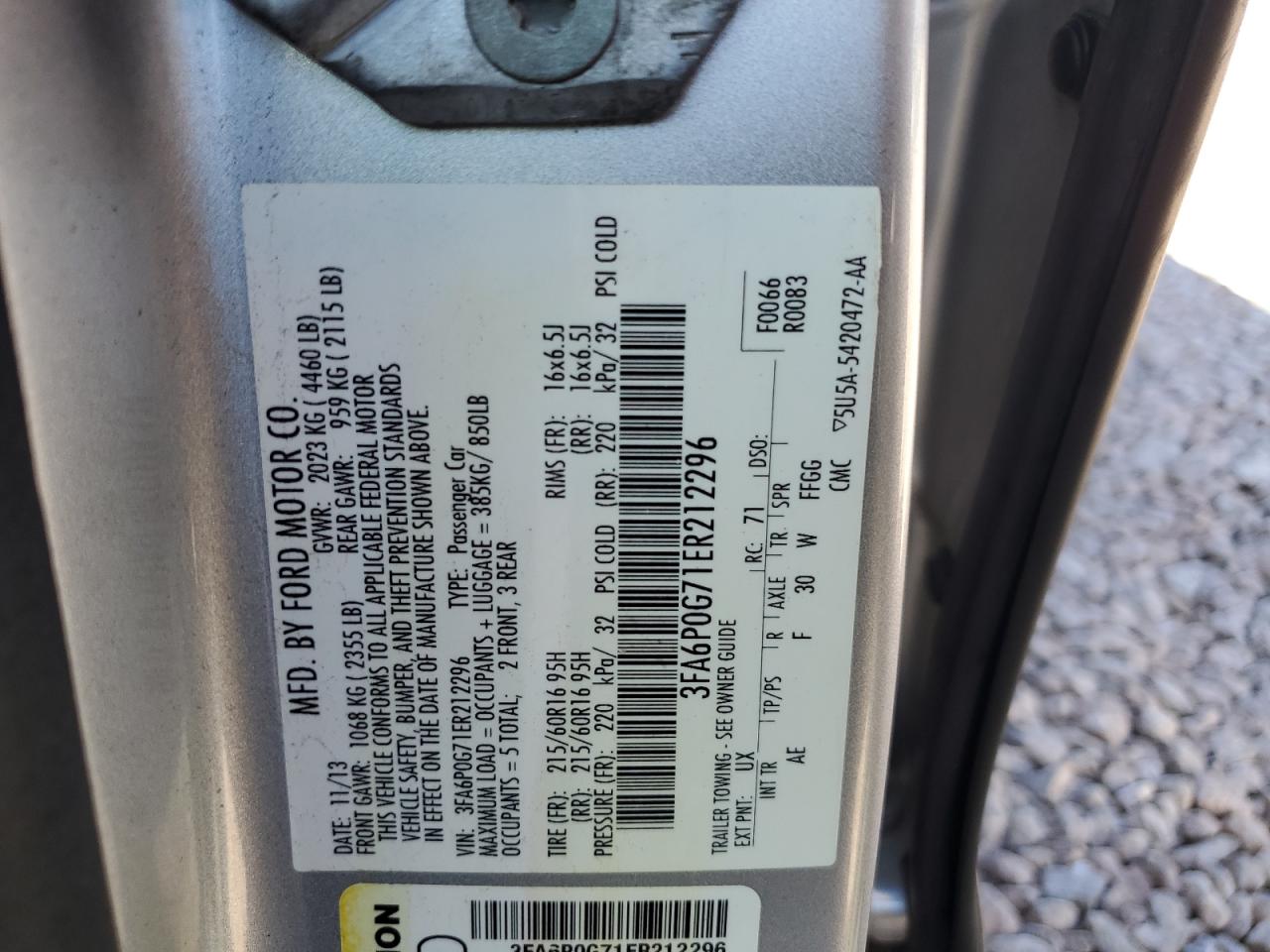 3FA6P0G71ER212296 2014 Ford Fusion S