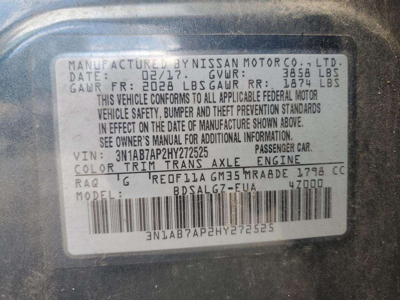 3N1AB7AP2HY272525 2017 Nissan Sentra S