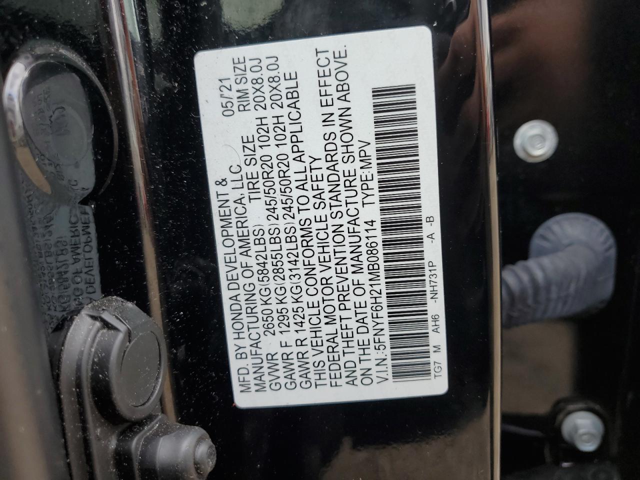 5FNYF6H21MB086114 2021 Honda Pilot Se