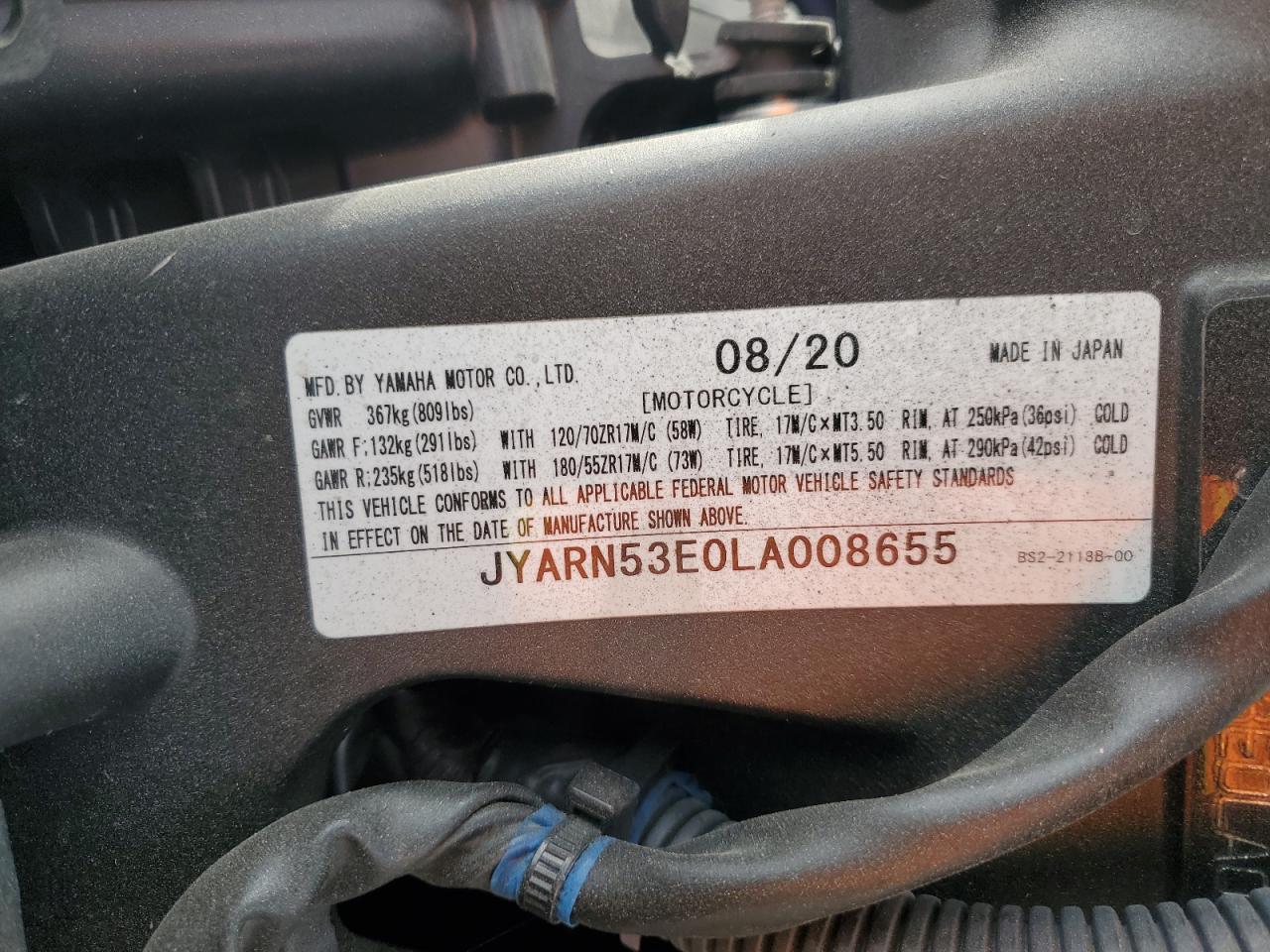 2020 Yamaha Mt09 VIN: JYARN53E0LA008655 Lot: 73322974