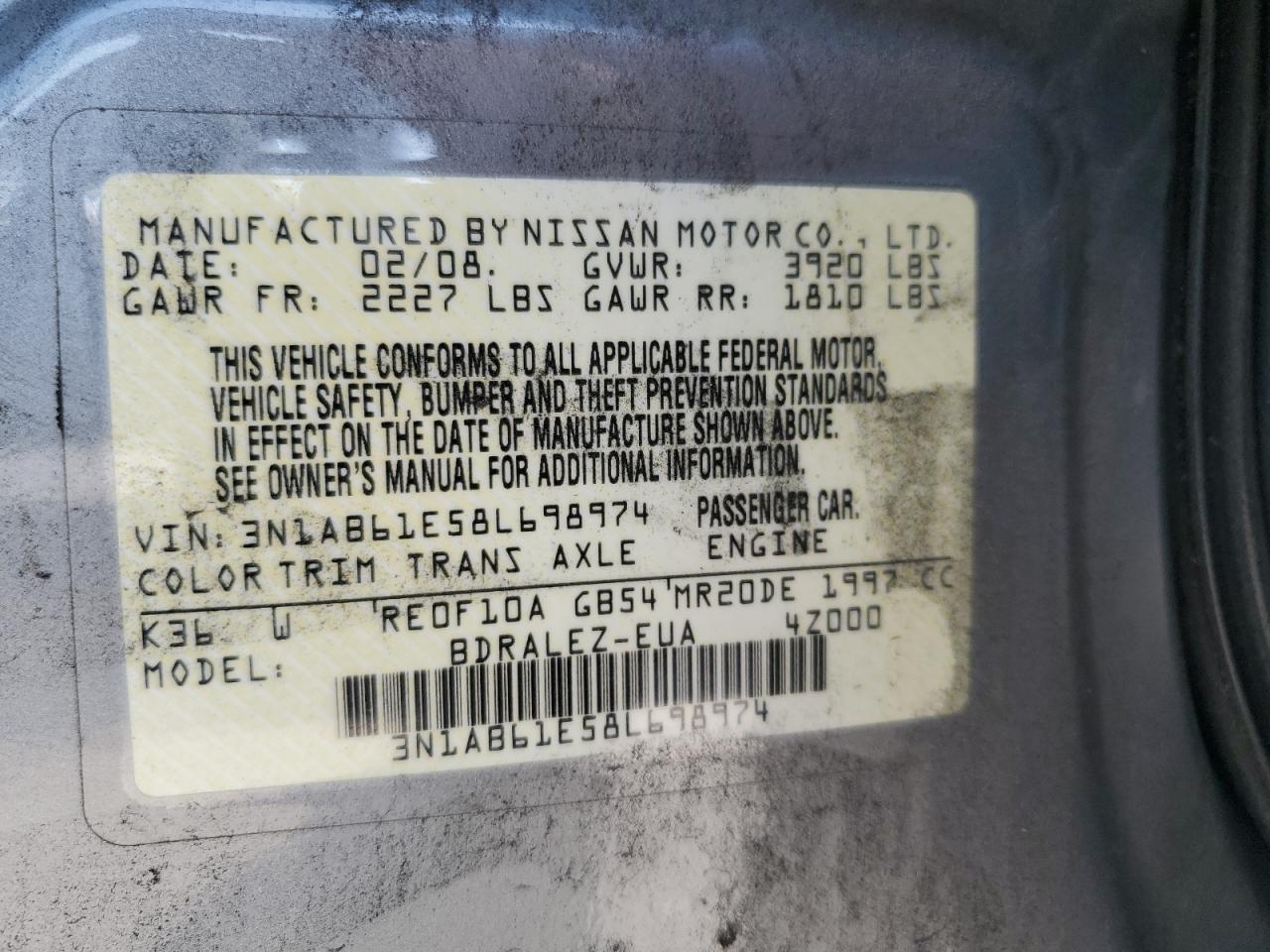 3N1AB61E58L698974 2008 Nissan Sentra 2.0