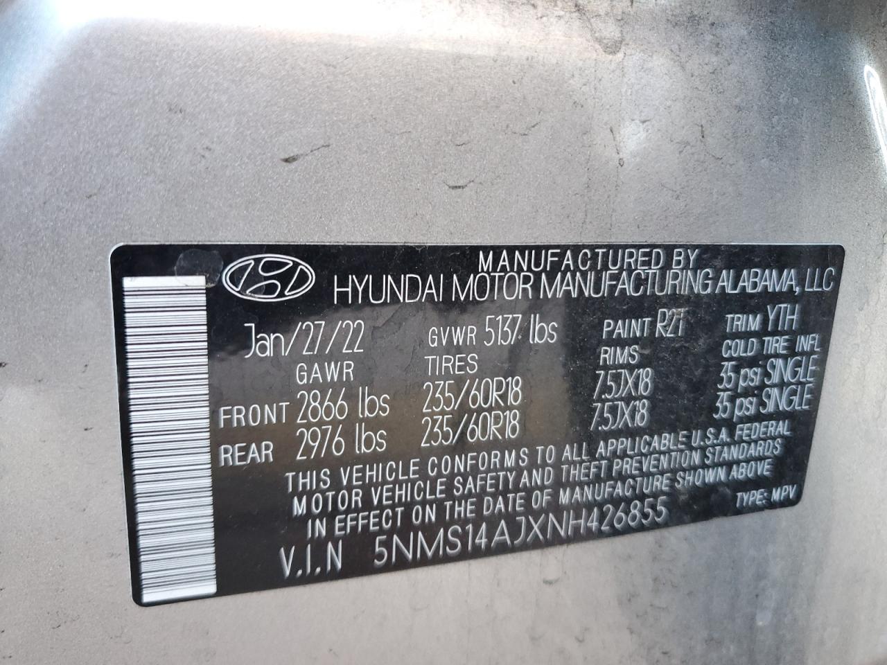 2022 Hyundai Santa Fe Se VIN: 5NMS14AJXNH426855 Lot: 72185654