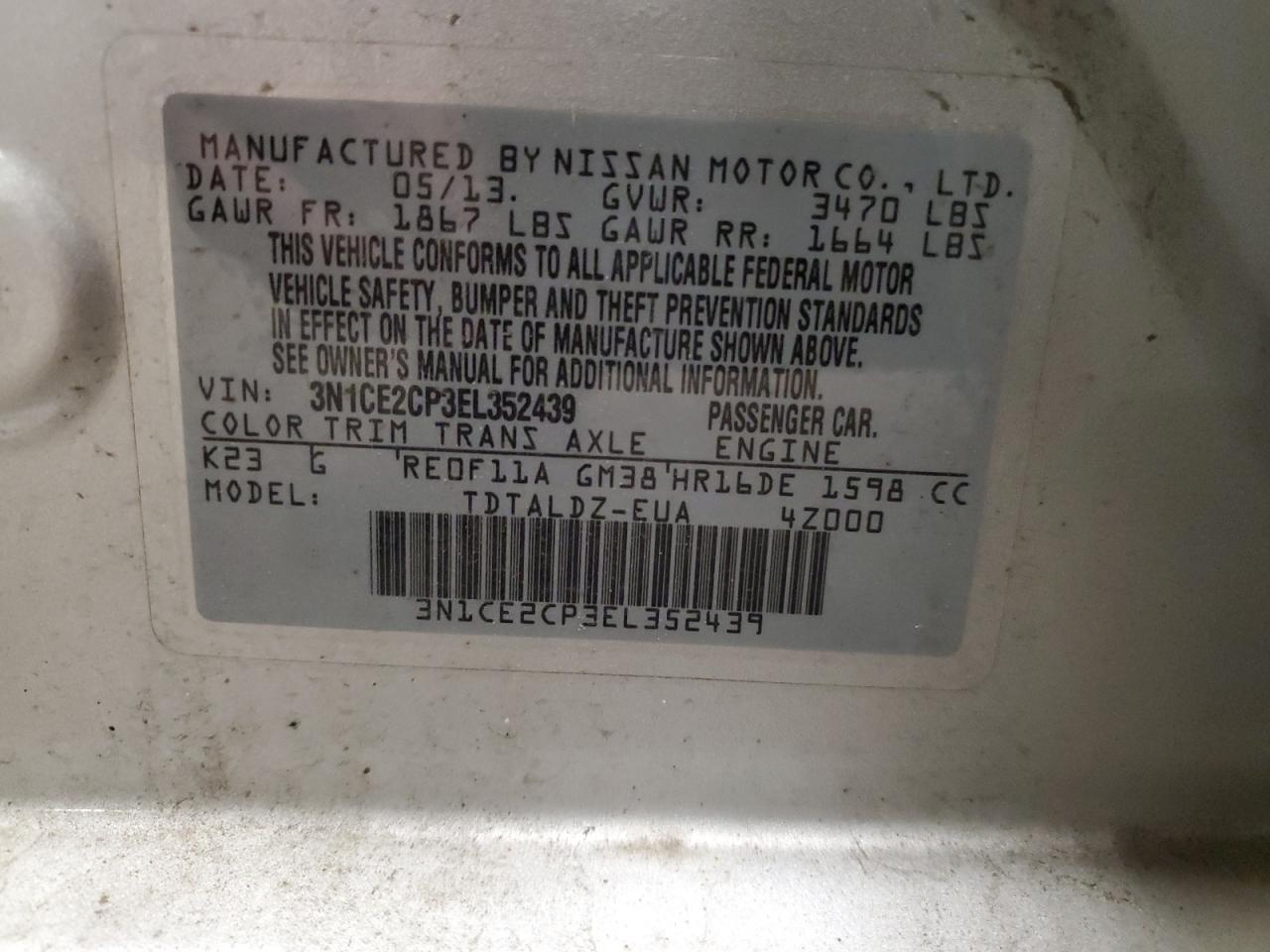 3N1CE2CP3EL352439 2014 Nissan Versa Note S