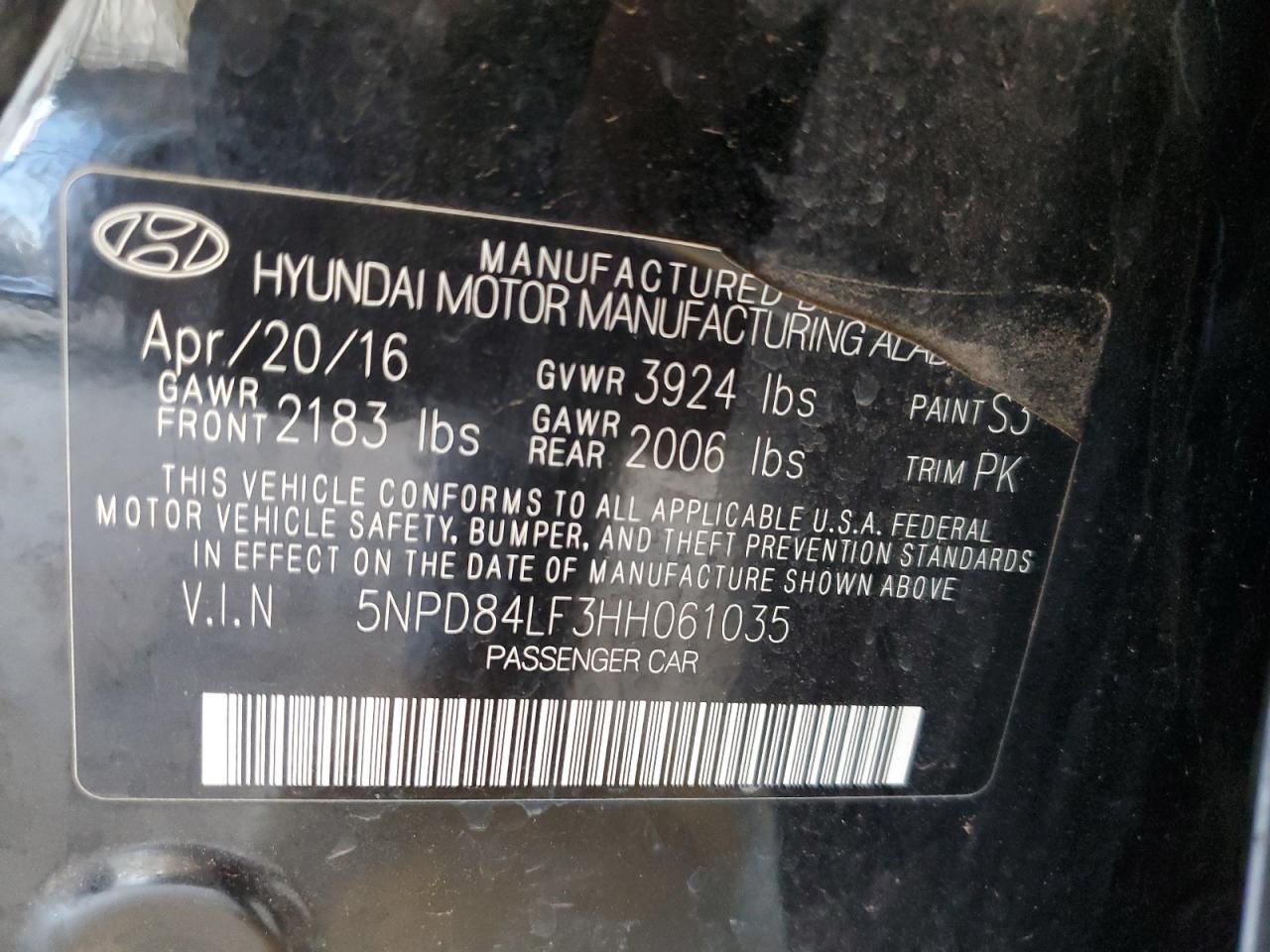 5NPD84LF3HH061035 2017 Hyundai Elantra Se