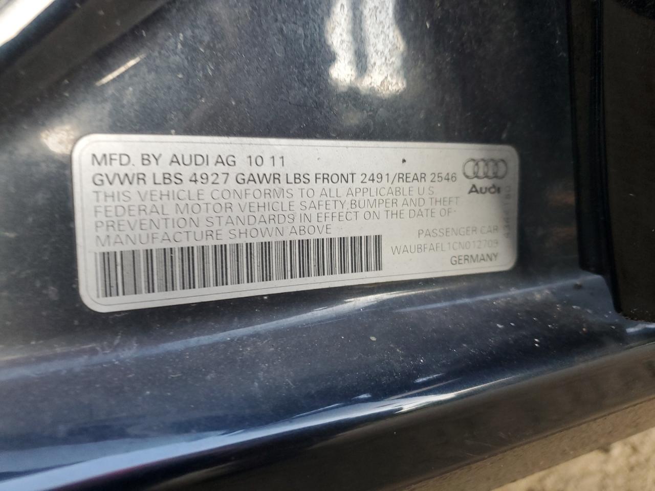 WAUBFAFL1CN012709 2012 Audi A4 Premium