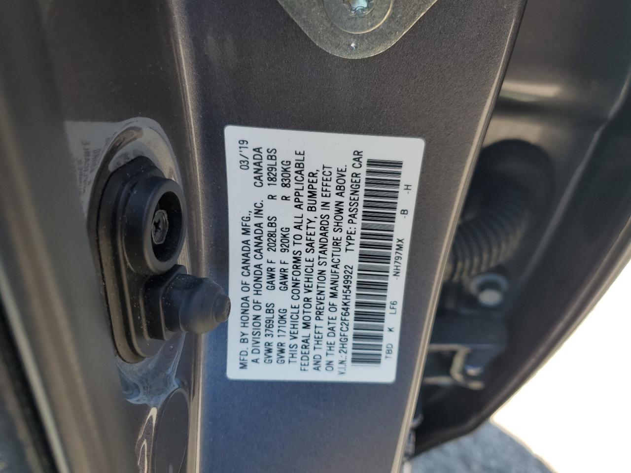 2HGFC2F64KH549922 2019 Honda Civic Lx