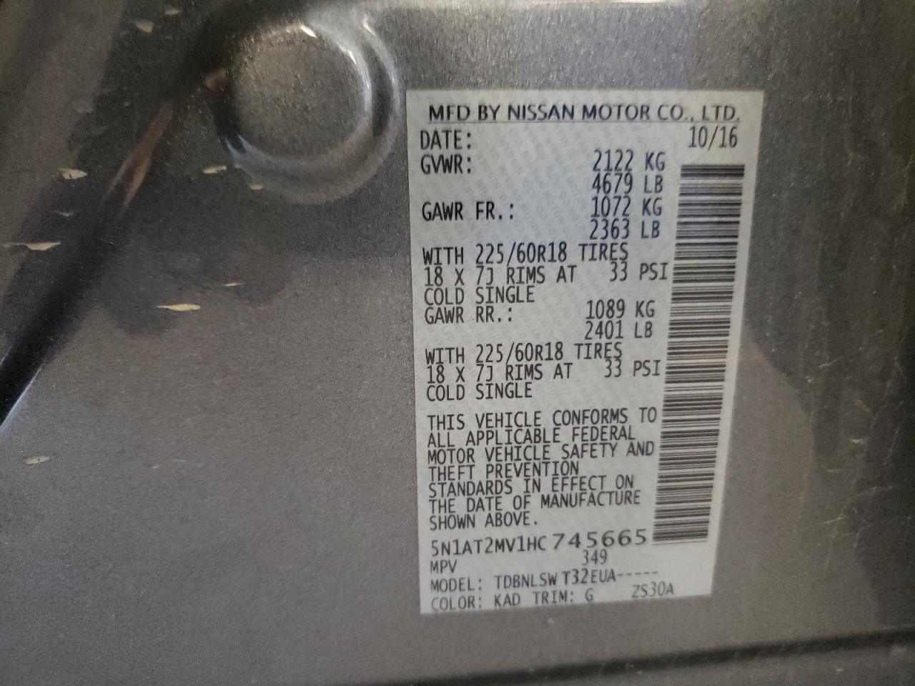 5N1AT2MV1HC745665 2017 Nissan Rogue Sv