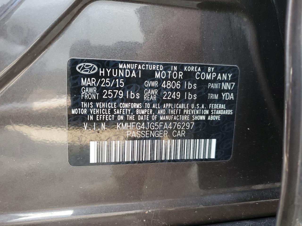 2015 Hyundai Azera VIN: KMHFG4JG5FA476297 Lot: 72401584