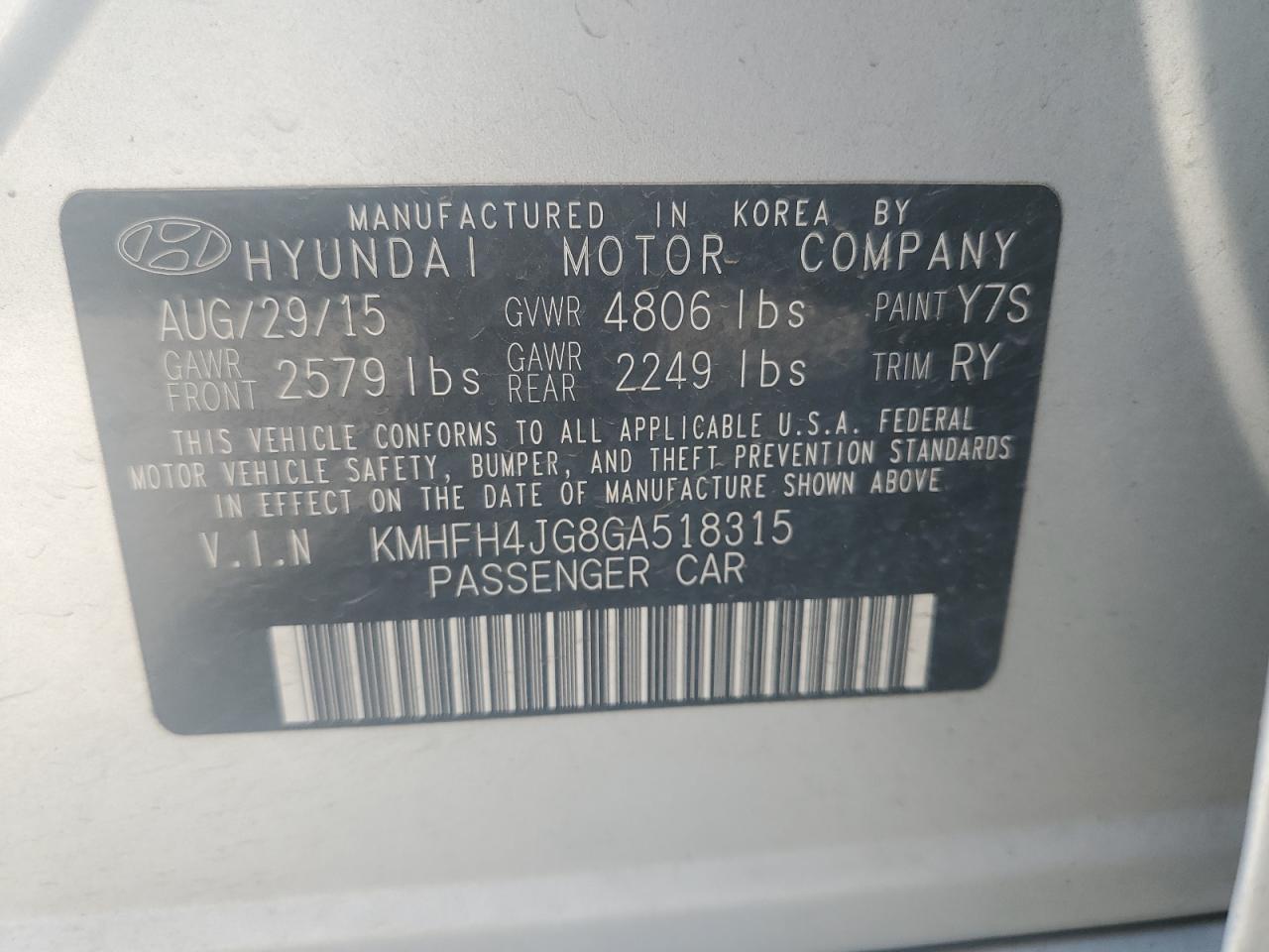 KMHFH4JG8GA518315 2016 Hyundai Azera Limited