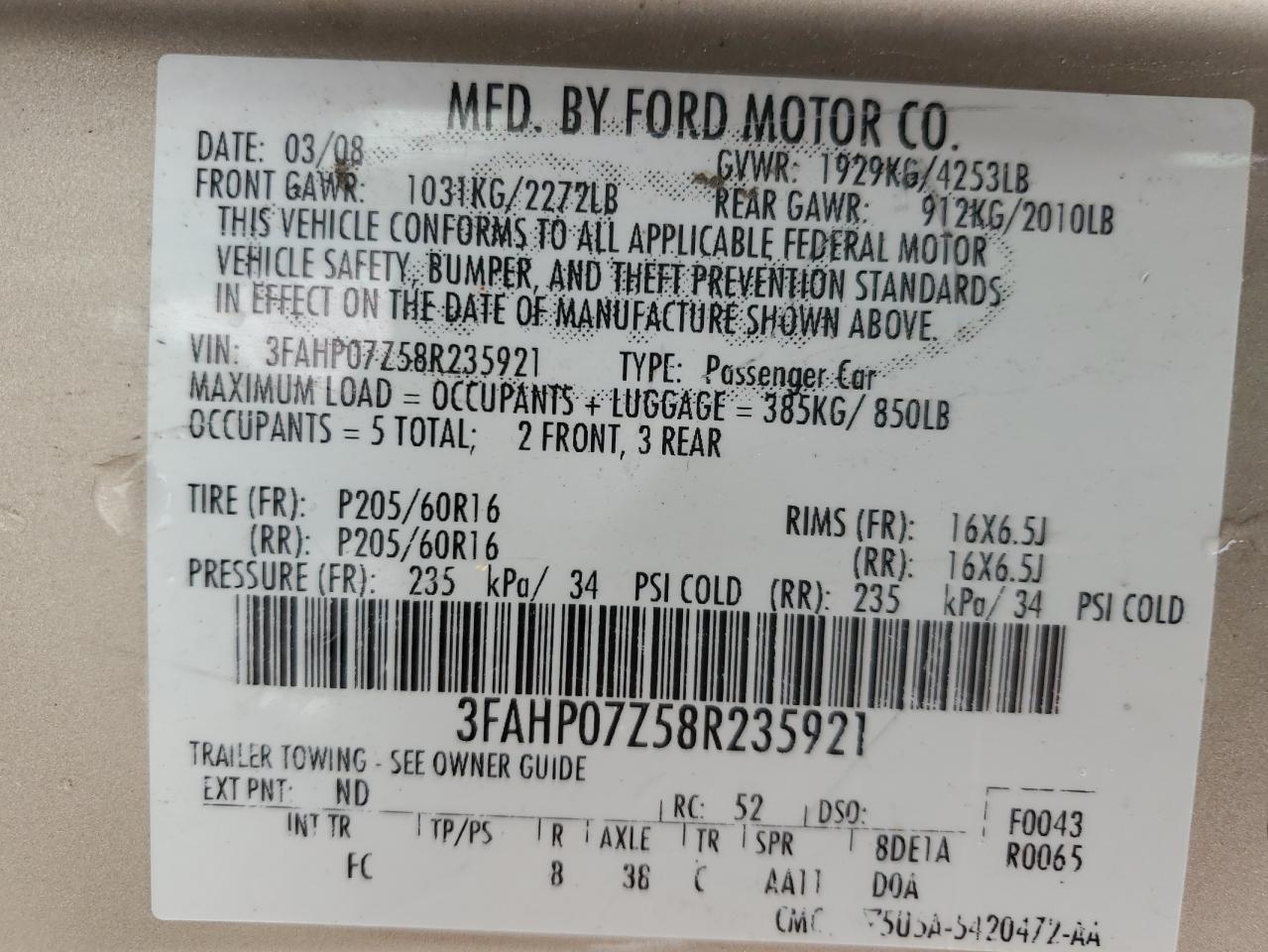 3FAHP07Z58R235921 2008 Ford Fusion Se