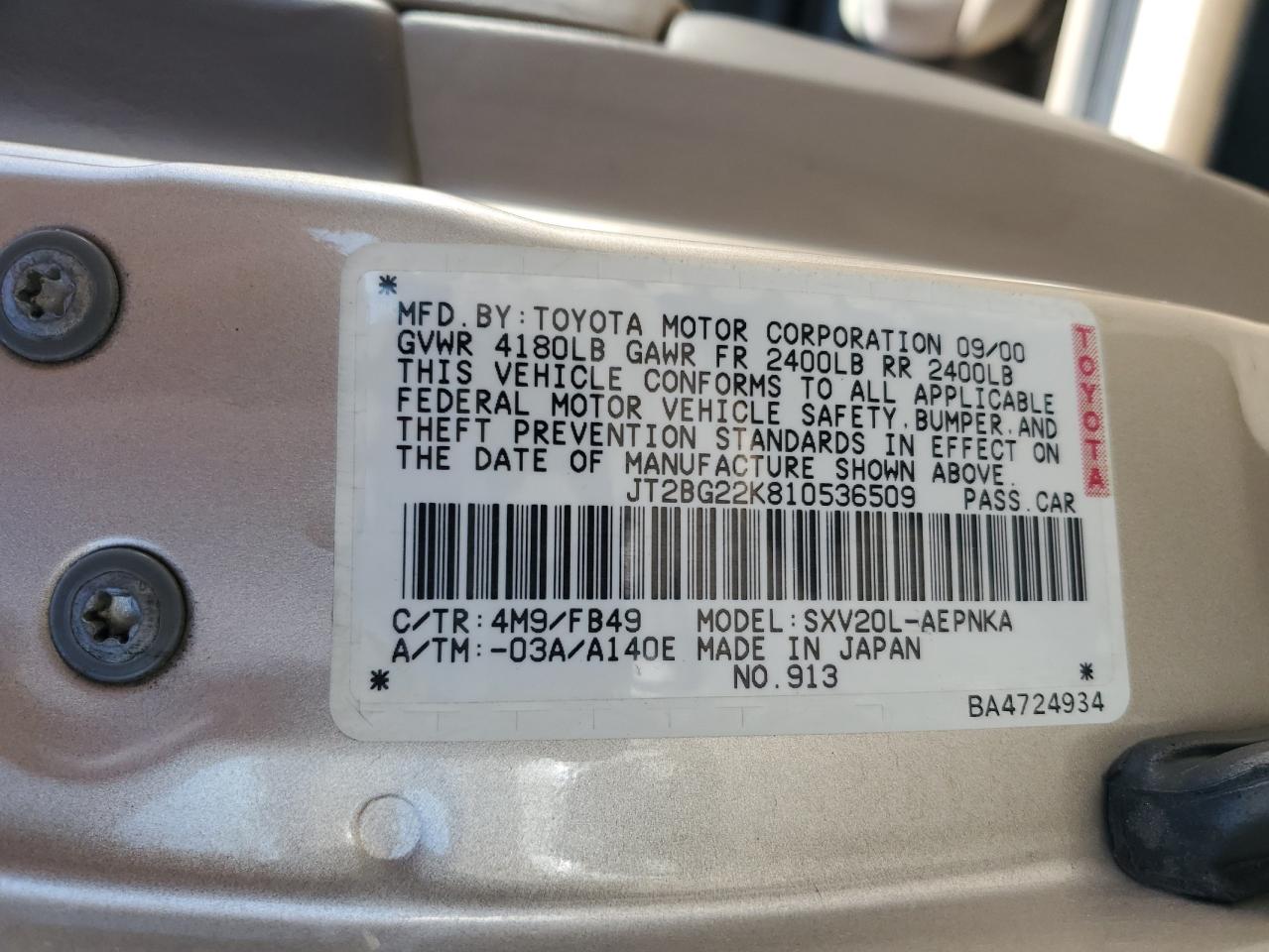 JT2BG22K810536509 2001 Toyota Camry Ce