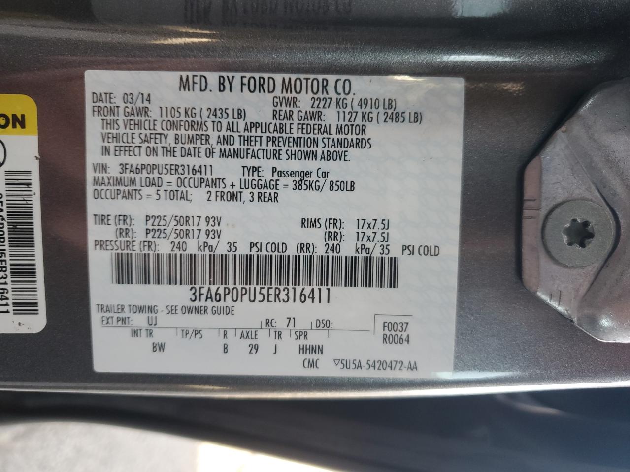 3FA6P0PU5ER316411 2014 Ford Fusion Se Phev