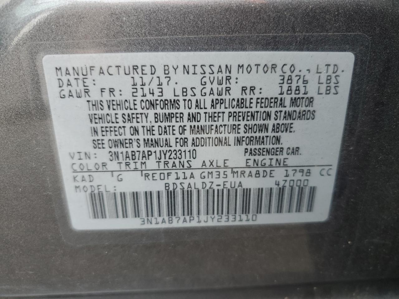 3N1AB7AP1JY233110 2018 Nissan Sentra S