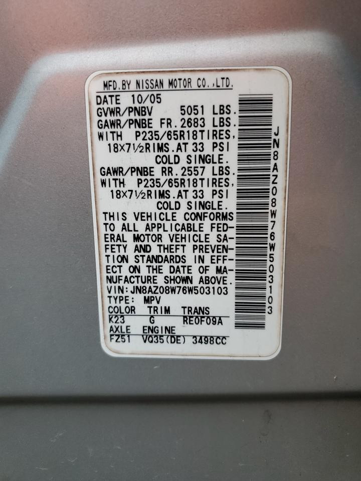 2006 Nissan Murano Sl VIN: JN8AZ08W76W503103 Lot: 57026955