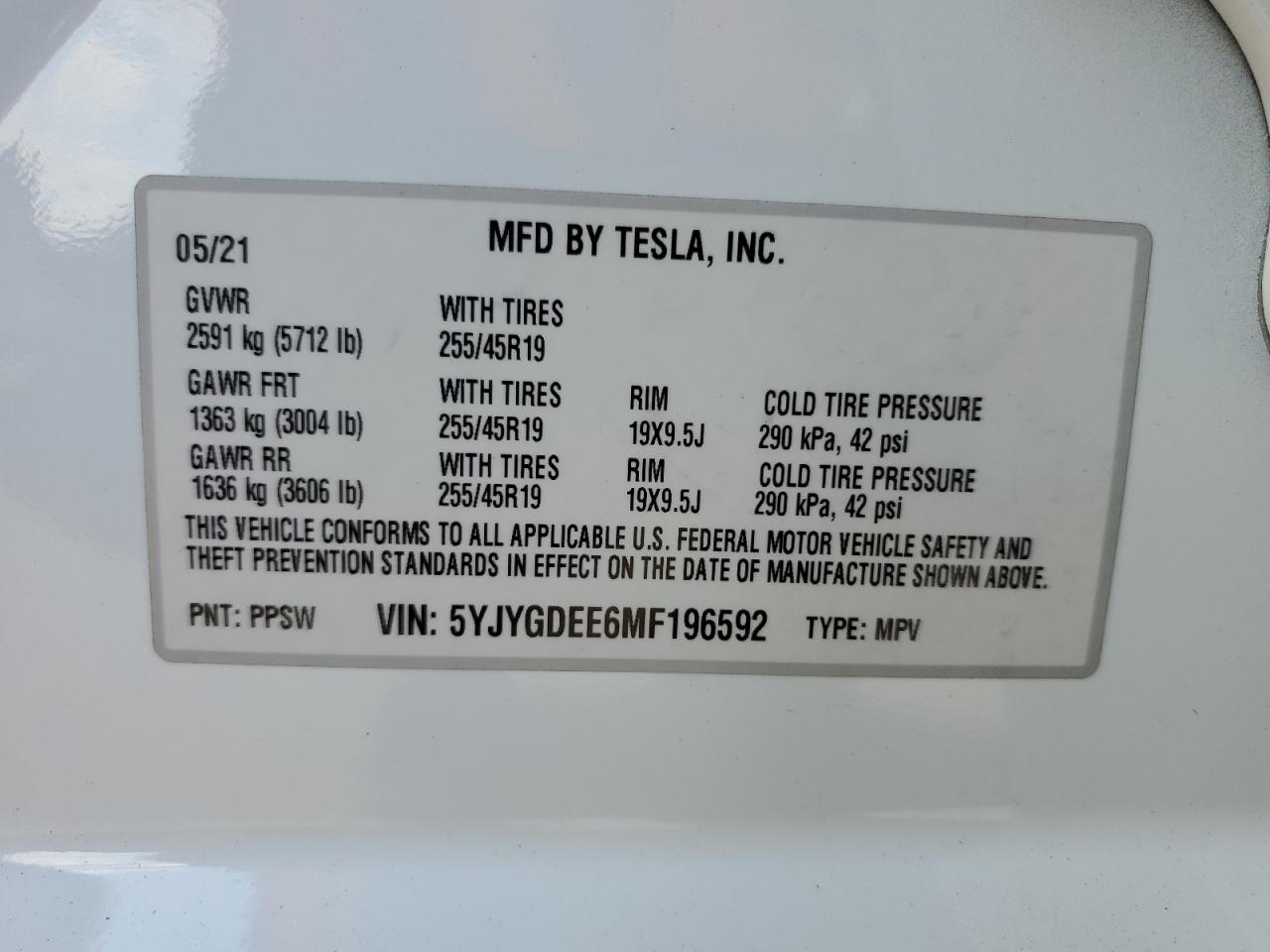 5YJYGDEE6MF196592 2021 Tesla Model Y