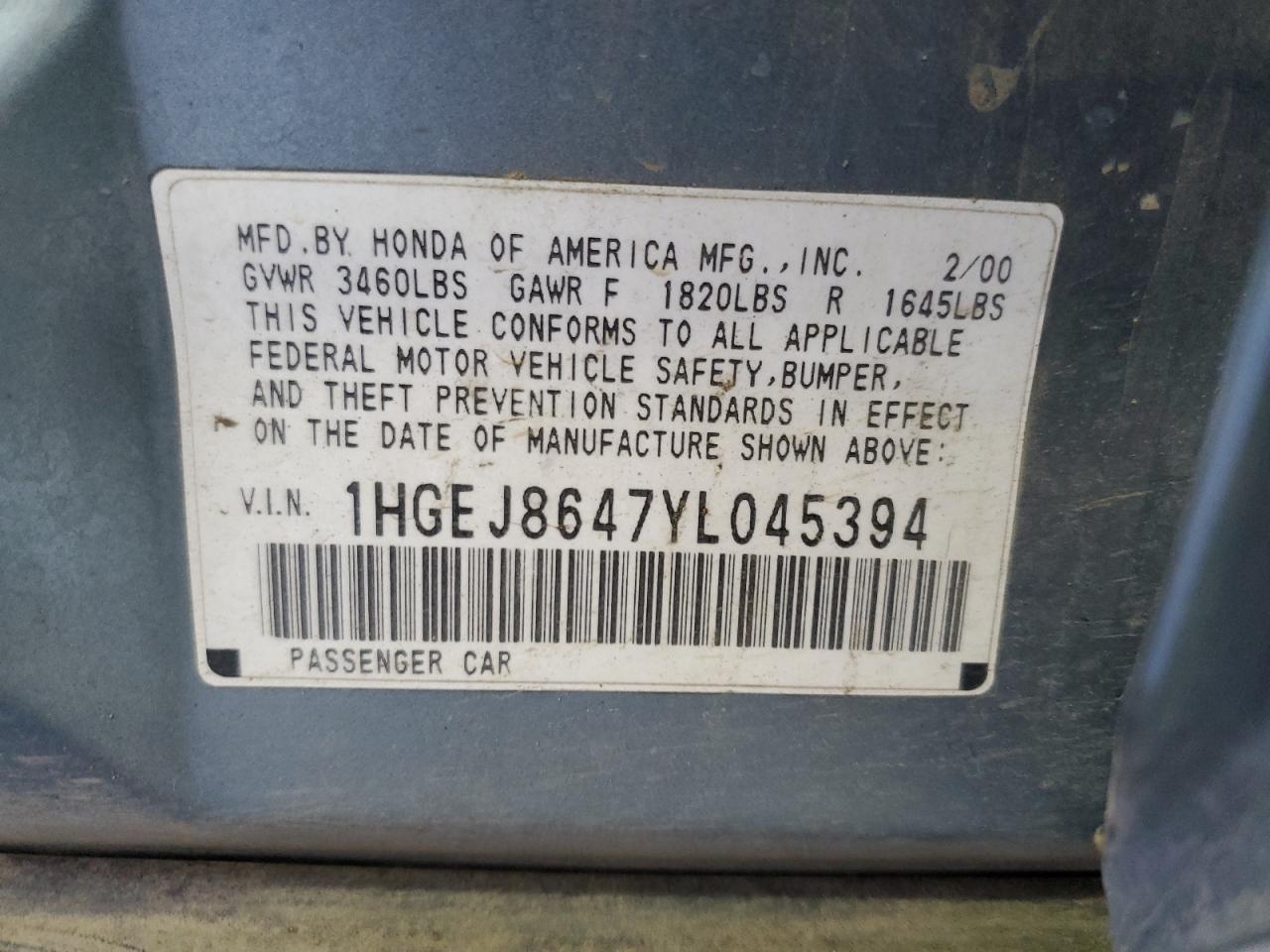 1HGEJ8647YL045394 2000 Honda Civic Ex