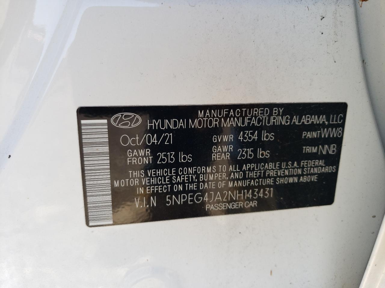 5NPEG4JA2NH143431 2022 Hyundai Sonata Se