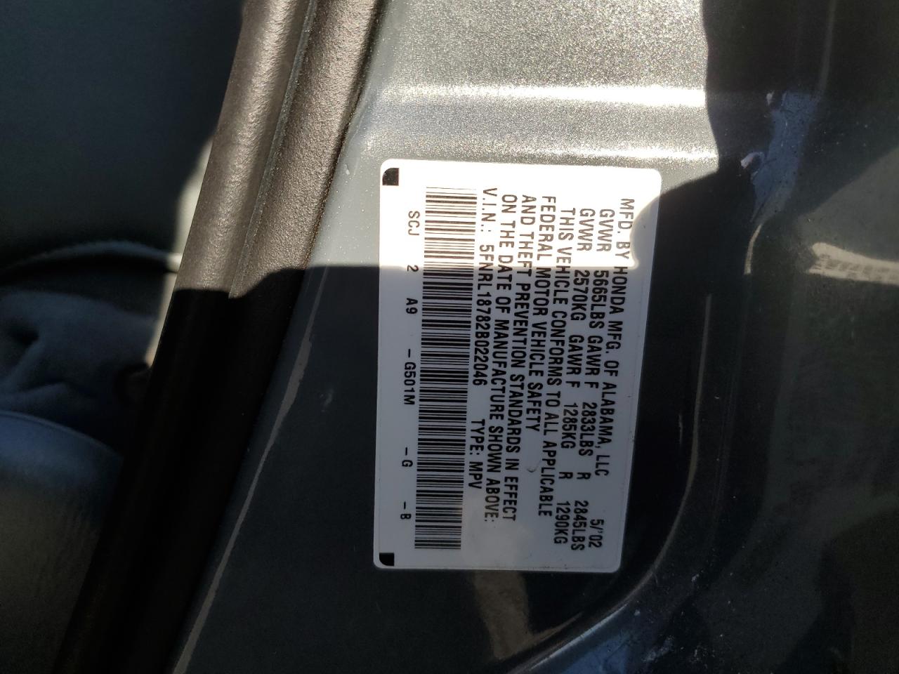 5FNRL18782B022046 2002 Honda Odyssey Exl