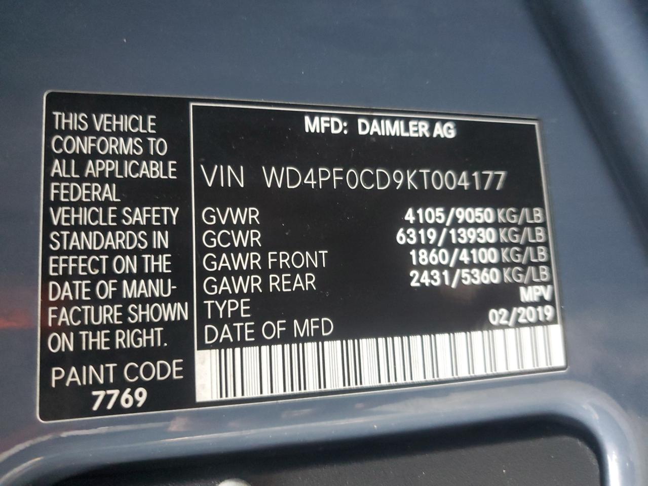 WD4PF0CD9KT004177 2019 Mercedes-Benz Sprinter 2500/3500