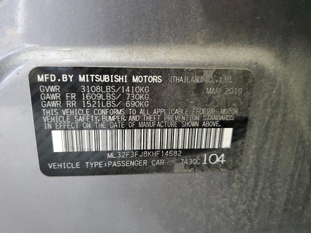 2019 Mitsubishi Mirage G4 Es VIN: ML32F3FJ8KHF14682 Lot: 70491074