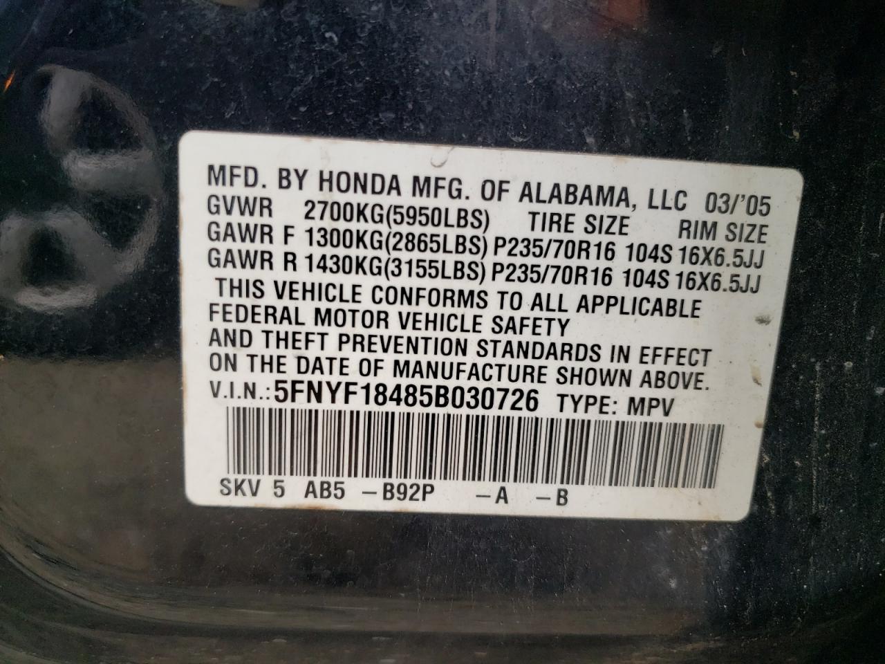 2005 Honda Pilot Ex VIN: 5FNYF18485B030726 Lot: 72736824