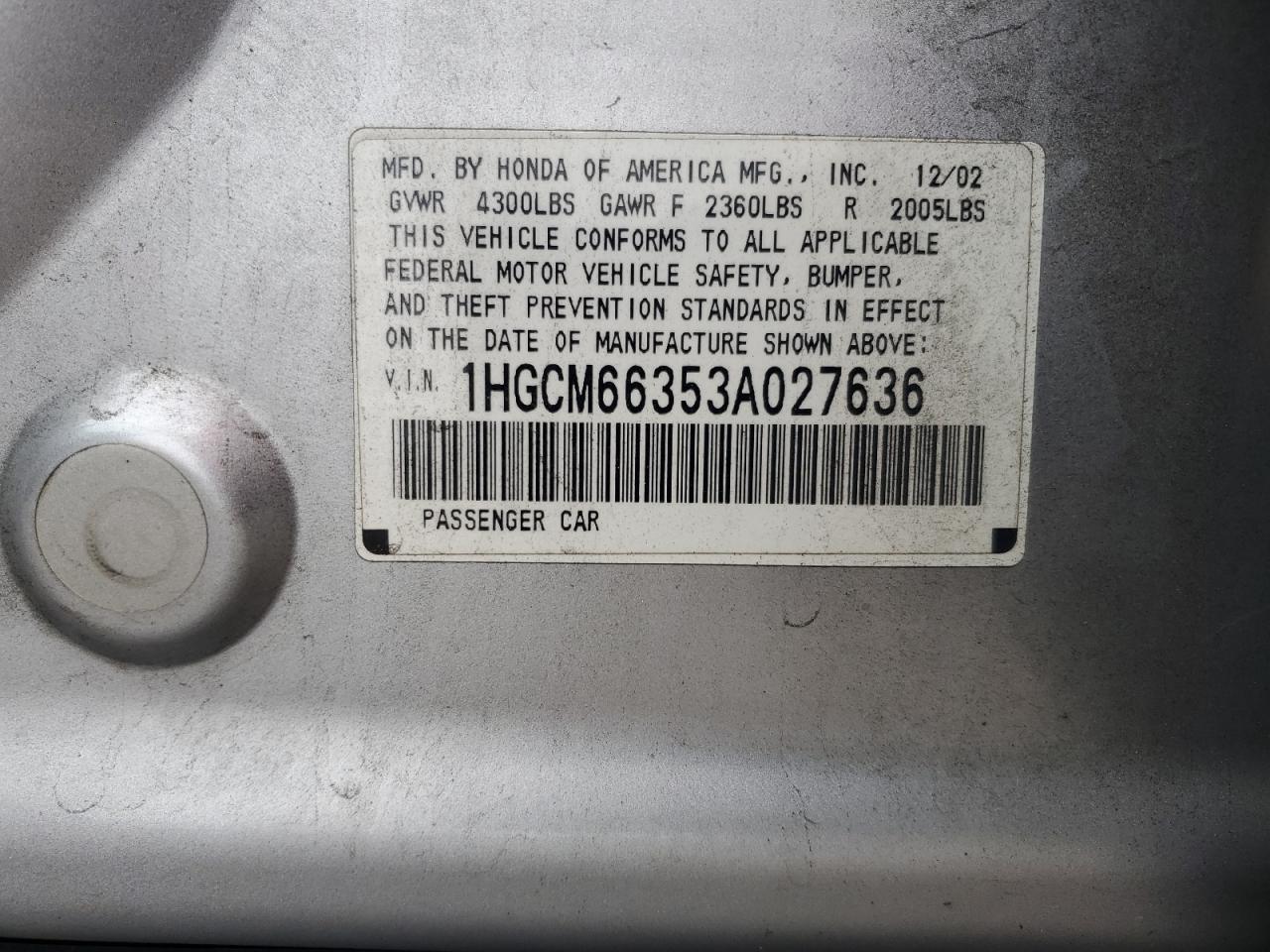 1HGCM66353A027636 2003 Honda Accord Lx