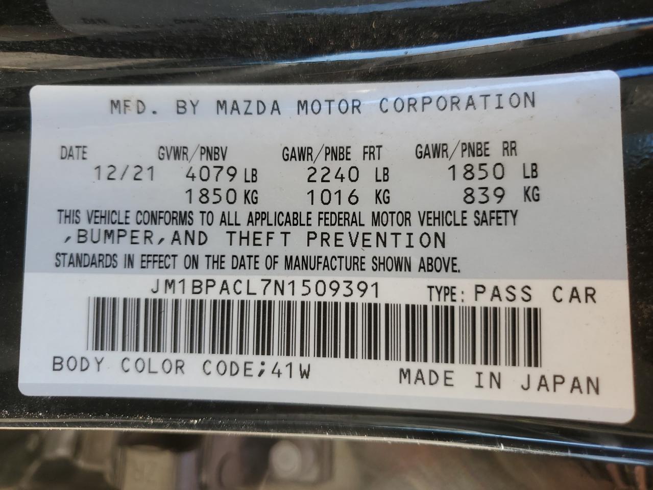 2022 Mazda 3 Preferred VIN: JM1BPACL7N1509391 Lot: 71749884