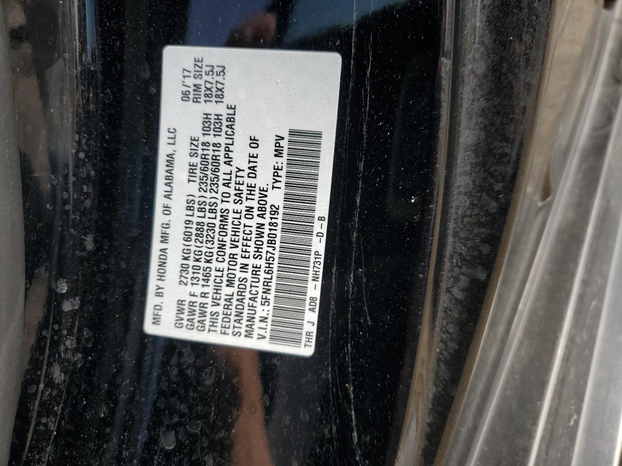 5FNRL6H57JB018192 2018 Honda Odyssey Ex