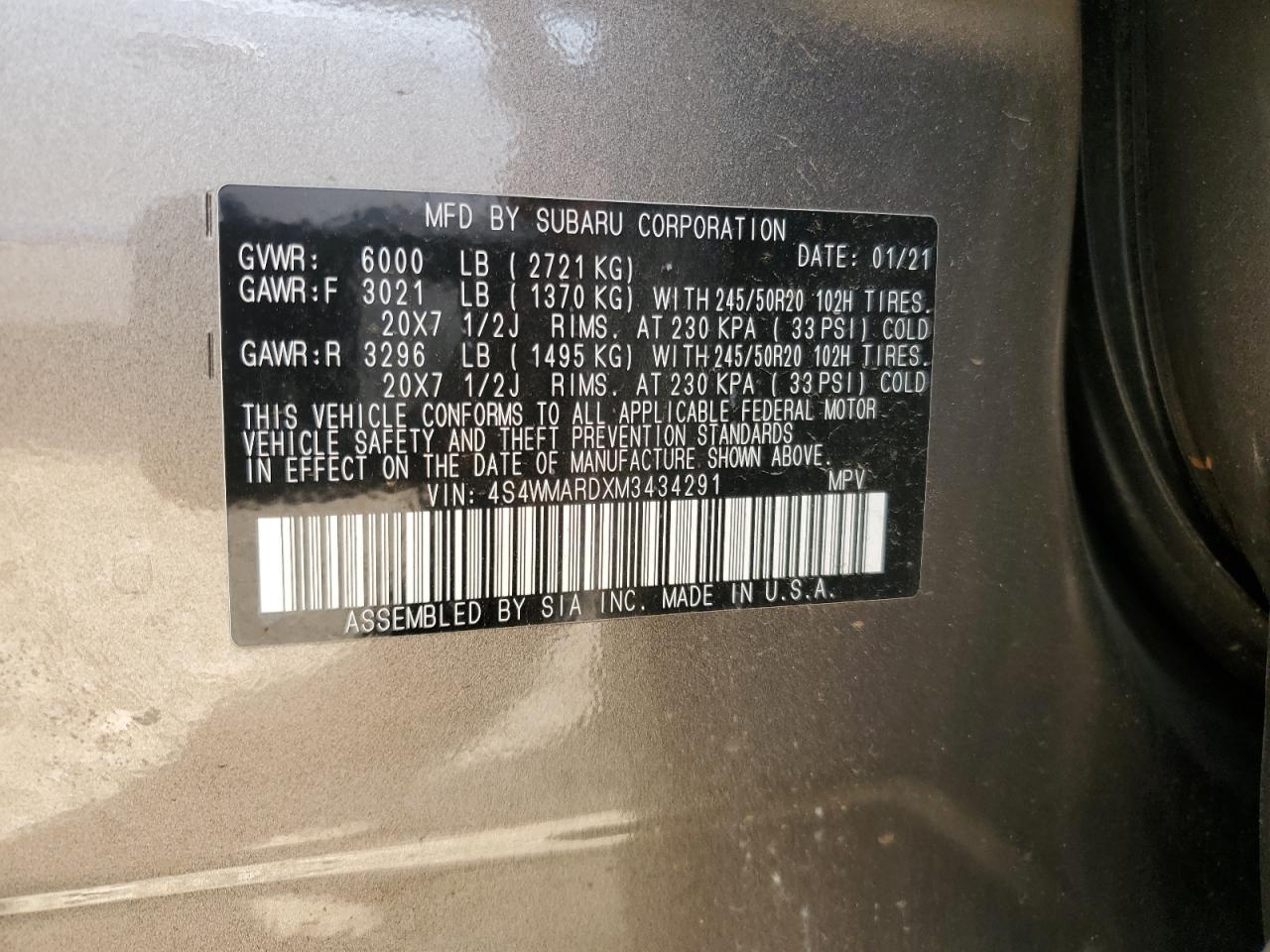 4S4WMARDXM3434291 2021 Subaru Ascent Touring