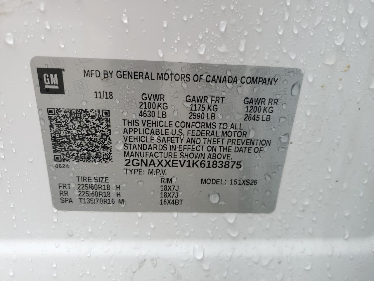 2GNAXXEV1K6183875 2019 Chevrolet Equinox Premier