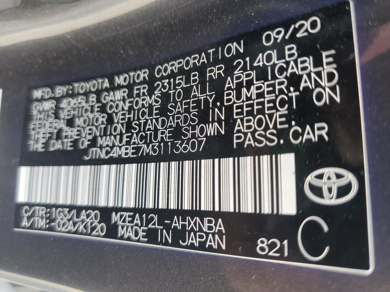 2021 Toyota Corolla Xse VIN: JTNC4MBE7M3113607 Lot: 72605614