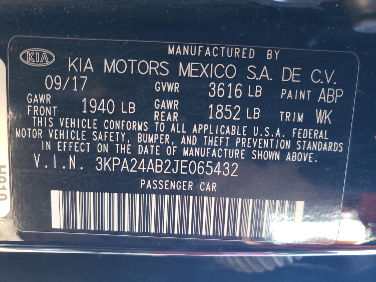 3KPA24AB2JE065432 2018 Kia Rio Lx