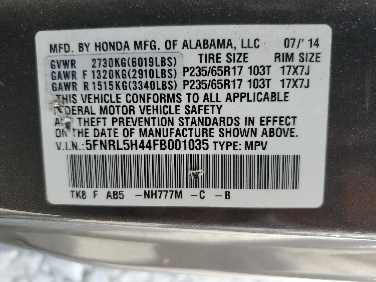 2015 Honda Odyssey Ex VIN: 5FNRL5H44FB001035 Lot: 72253144