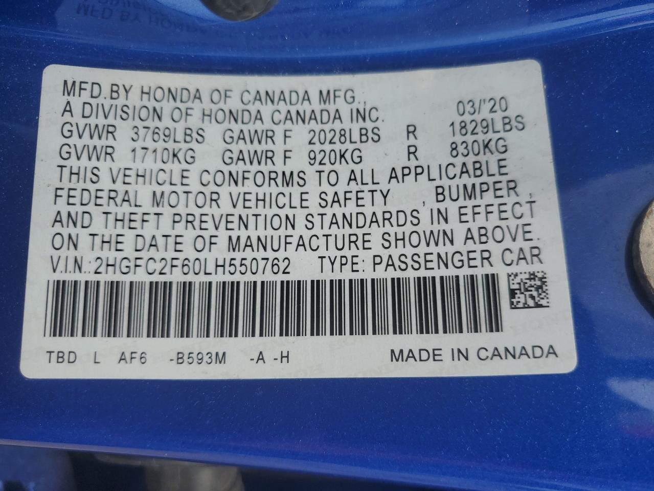 2HGFC2F60LH550762 2017 Honda Civic Lx