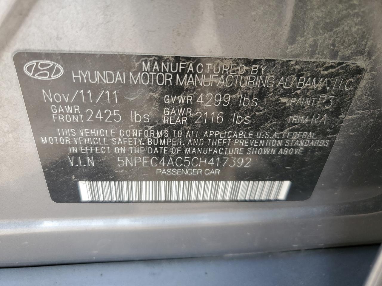 5NPEC4AC5CH417392 2012 Hyundai Sonata Se