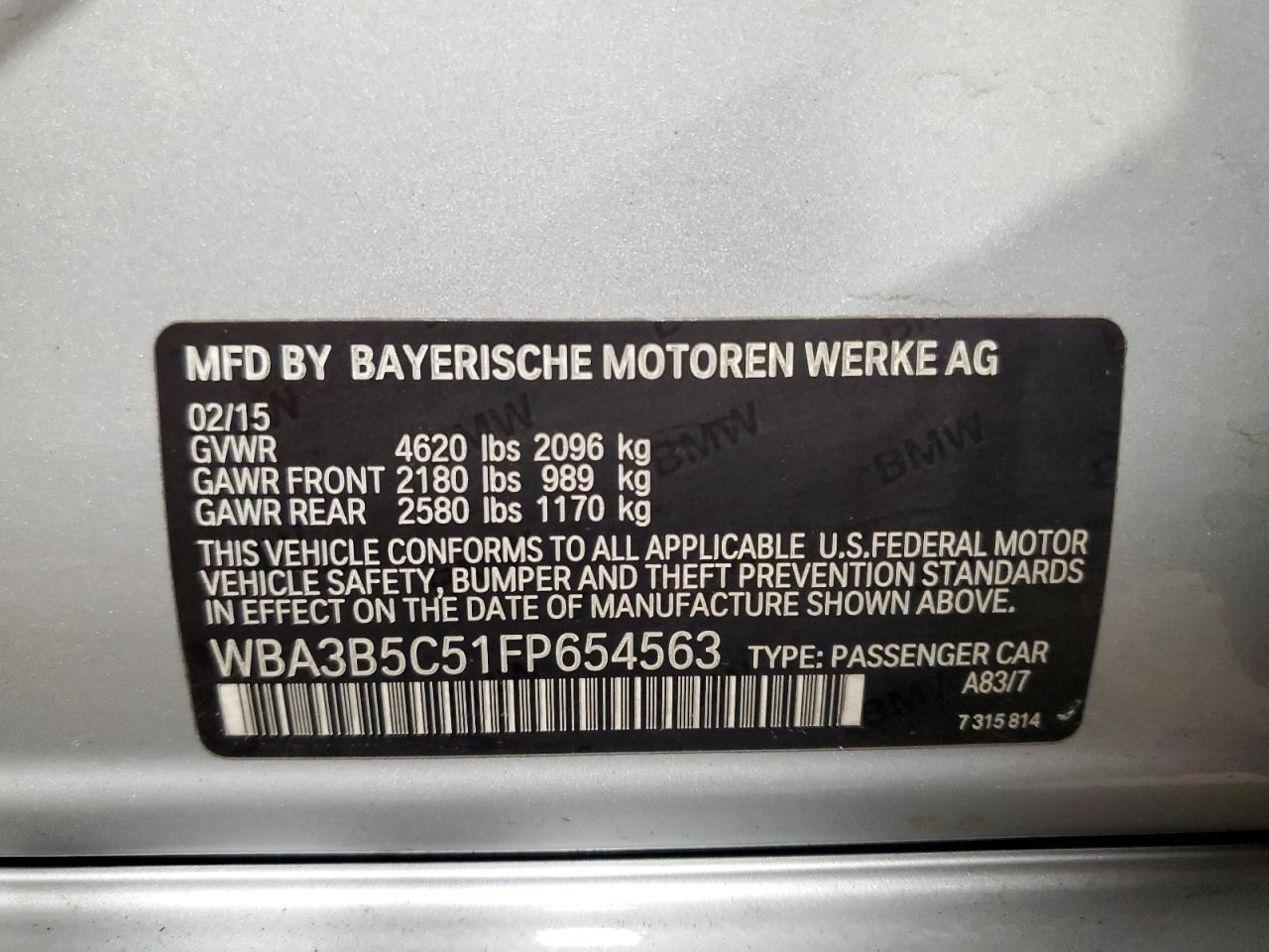 2015 BMW 328 Xi Sulev VIN: WBA3B5C51FP654563 Lot: 72681404