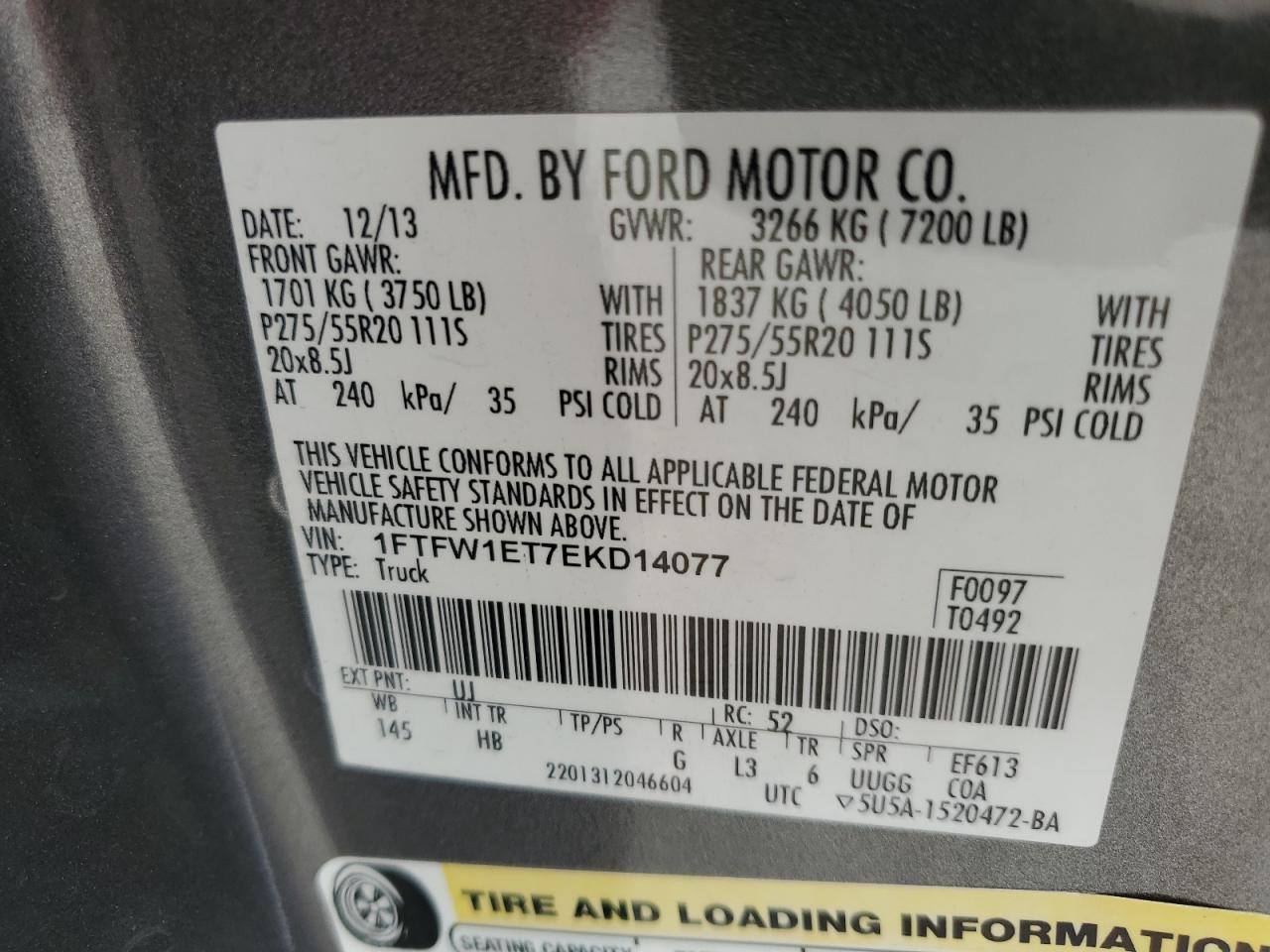 2014 Ford F150 Supercrew VIN: 1FTFW1ET7EKD14077 Lot: 72954744