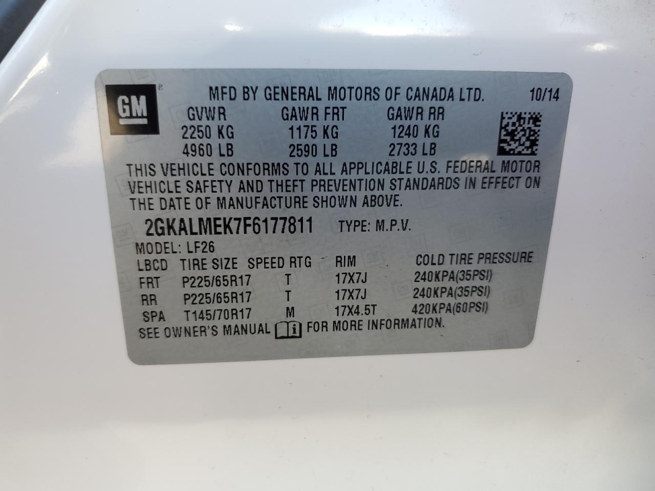 2GKALMEK7F6177811 2015 GMC Terrain Sle